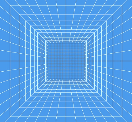 Grid room in perspective in 3d style. Indoor wireframe from white laser beam on  blue background, digital empty box. Abstract geometric design. Vector illustration