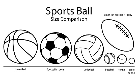 sports ball size diameter comparison - set of black and white vector silhouette symbol illustration, isolated on white background