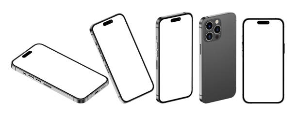smartphone side view. phone view in front. phone 14 back side. the smartphone is on a white background. phone screen. 3d render mockup mobile. 15 phone - prototyp stock ilustrace
