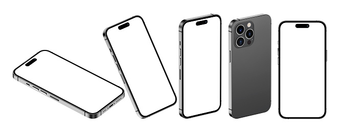 Smartphone side view. Phone view in front. Phone 14 back side. The smartphone is on a white background. Phone screen. 3d render Mockup mobile. 15 phone