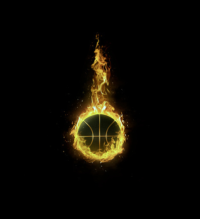 Black basketball, golden yellow flare. on black background