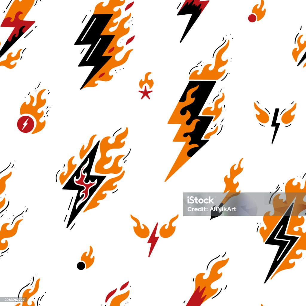 Lightning Flash Pattern Fire Lightning Seamless Pattern Burning Thunder Flash Lightning Vector ...