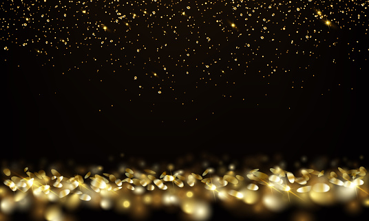 Golden dust in darkness realistic vector illustration. Shining glitter flying and falling 3d design. Elegant Christmas decor on black background