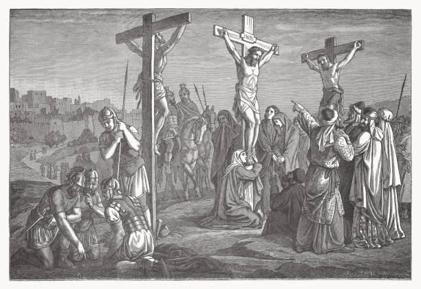The Crucifixion of Jesus (Matthew 27), wood engraving, published ca.1890 The Crucifixion of Jesus (Matthew 27). Wood engraving, published ca. 1890. gospel stock illustrations