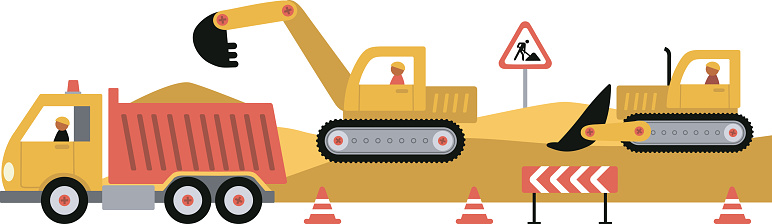 Construction site. Building process. Digger, bulldozer and dump truck at work. Flat vector illustration