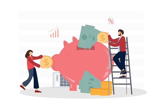People near piggy bang saving money, investing and family budget concept, financial education, accounting, flat vector illustration
