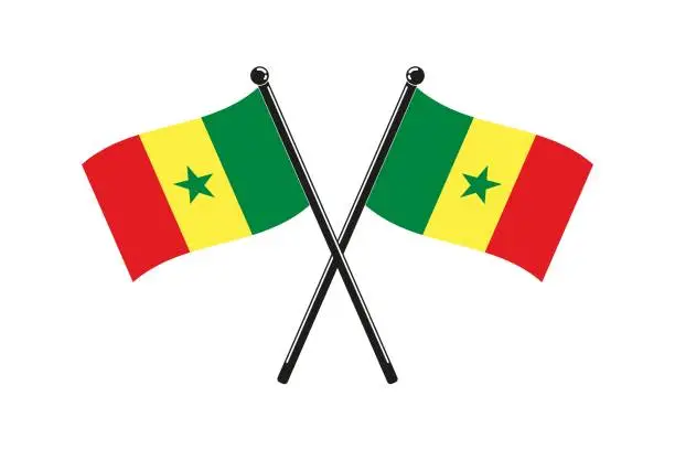 Vector illustration of national flags of  Republic of Senegal crossed on the sticks