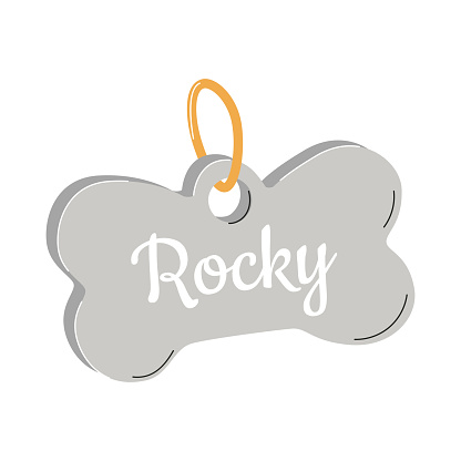 A personalized pet medallion. A bone-shaped tag with an address and a name for dogs. A simple flat vector illustration isolated on a white background