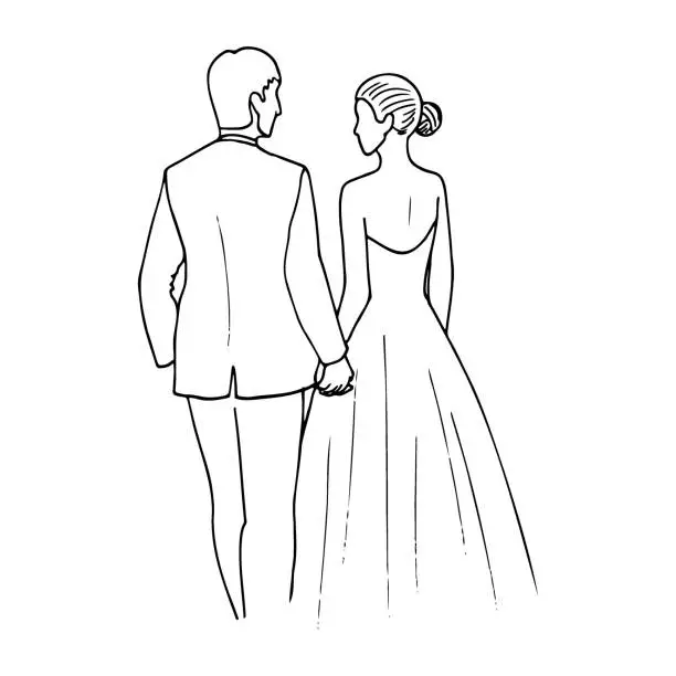 Vector illustration of Hand drawn line art illustration of a man and woman in evening dresses walking hand-in-hand and looking at each other, depicted in the background behind the bride and groom