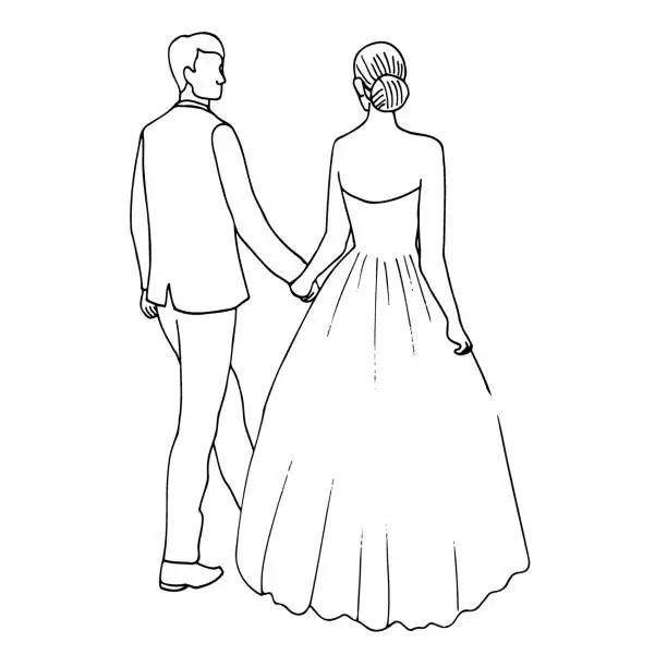 Vector illustration of Hand drawn line art illustration of a couple walking hand-in-hand in the background behind the bride and groom. The man is looking at the woman, whose face is not visible