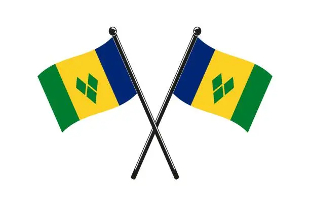 Vector illustration of national flags of Saint Vincent and the Grenadines crossed on the sticks