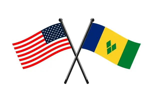 Vector illustration of national flags of Saint Vincent and the Grenadines and Usa crossed on the sticks