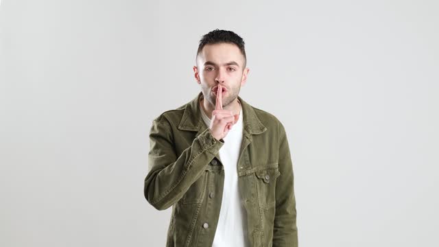 Man asking for silence with finger on mouth