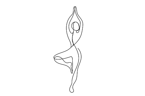 Yoga Woman One Line Drawn Icon Sport Fitness Class Logo Symbol Isolated On White Background. Yoga Tree Pose Outline Woman Body Symbol for Fitness Center Advertising Flyer, Card, Invitation
