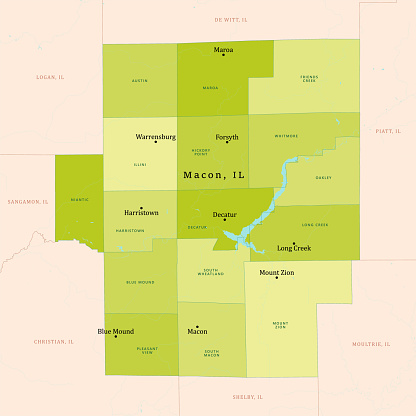 IL Macon County Vector Map Green. All source data is in the public domain. U.S. Census Bureau Census Tiger. Used Layers: areawater, linearwater, cousub, pointlm.