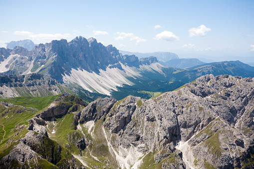 An aerial view of majestic Odle Group. The Dolomites of northern Italy