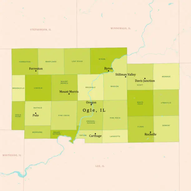 Vector illustration of IL Ogle County Vector Map Green