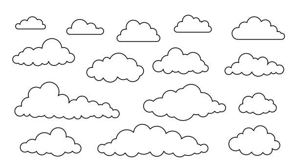 Cloud icons set in flat style isolated on white background. Simple vector symbols collection, doodle style. Design for a children coloring book