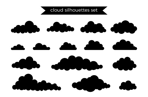 Black clouds icons set in flat style isolated on white background. Simple vector symbols collection, doodle style. Design for a children coloring book