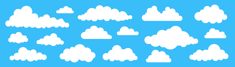 Collection of different abstract flat cartoon fluffy clouds isolated on blue sky panorama vector illustration. Weather forecast symbols set. Outdoor nature, spring weather cloudscape