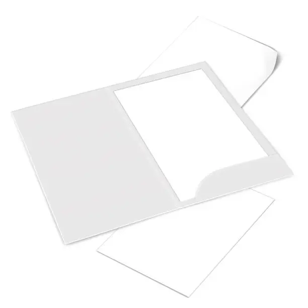 Vector illustration of Open white file folder with blank paper sheets. Realistic vector mockup. Document holder mock-up