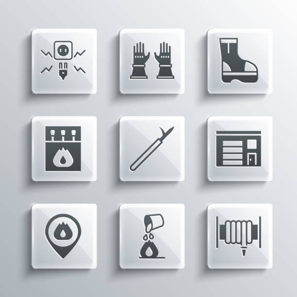 Set Bucket extinguishing fire, Fire hose reel, Building of station, Metal pike pole, Location with flame, Matchbox and matches, Electricity spark and boots icon. Vector Set Bucket extinguishing fire Fire hose reel Building of station Metal pike pole Location with flame Matchbox and matches Electricity spark and boots icon. Vector. flammable cabinet stock illustrations