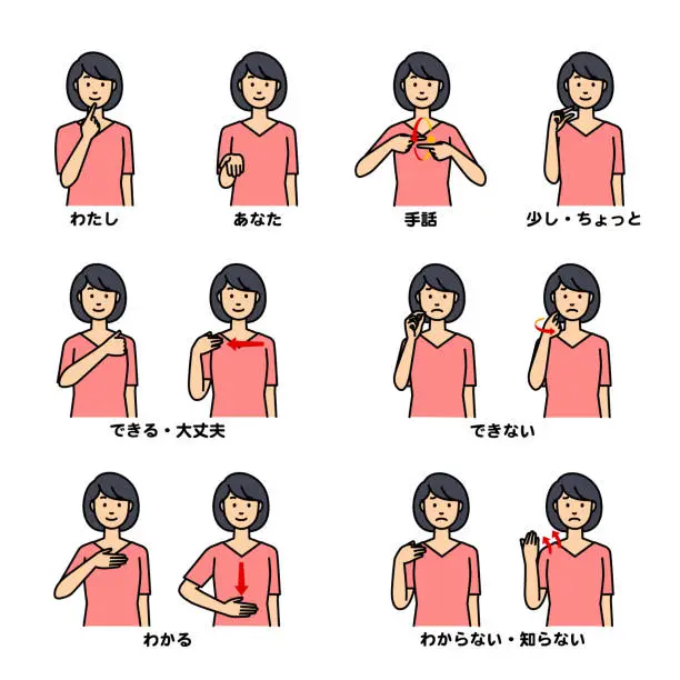 Vector illustration of Set of women talking in sign language