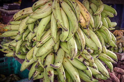 Large bunch of green bananas for sale in the central market in the Malaysian capital Kuala Lumpur