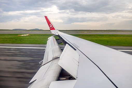 İstanbul Havalimanı, Turkey - January 3th 2024:  Wing and winglet of an Airbus 320 from Turkish Airlines braking on the runway