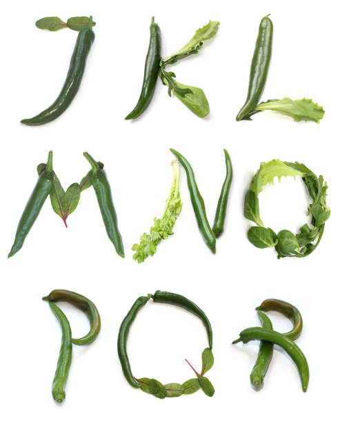 letter j k l m n o p q r from chili peppers, green salad lettuce leaf vegetable - letter l letter p letter j letter m imagens e fotografias de stock