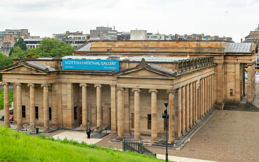 Edinburgh, Scotland, August 2023. This is the Scottish National Gallery during the Edinburgh Fringe Festival viewed from the top of Playfair steps.