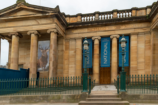 Edinburgh, Scotland, August 2023. This is the entrance to the Scottish National Gallery during the Edinburgh Fringe Festival viewed from the top of Playfair steps.