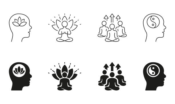 ilustrações, clipart, desenhos animados e ícones de conjunto de silhuetas de bem-estar e ícones de linha. bem-estar e pictograma calmo. as pessoas meditam na coleção de símbolos pretos da pose zen. yoga e sinal de saúde. ilustração vetorial isolada - yin yang symbol relaxation isolated emotional stress