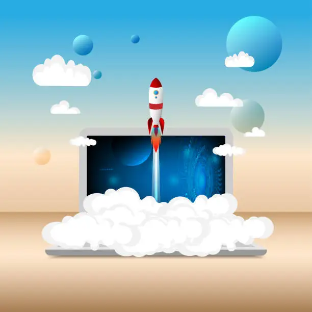 Vector illustration of Rocket starts from computer laptop screen for business startup launch. Creative idea, education online. Concept of a successful start up of a business.