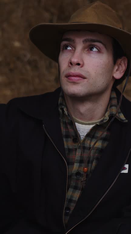 Rustic Reflections: Portrait of a Young Man in a Fedora, Contemplation Etched in His Eyes Against a Rural Backdrop