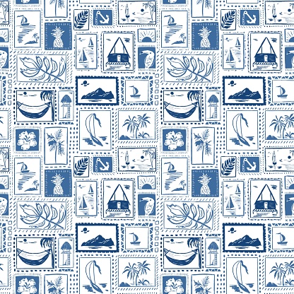 Monochrome blue tropical island seamless pattern. Ocean, boats, tropical cabin, yachts, cute palm tree, hibiscus flower, parrot, pineapple. Summer beach repeat background, wallpaper, textile design.