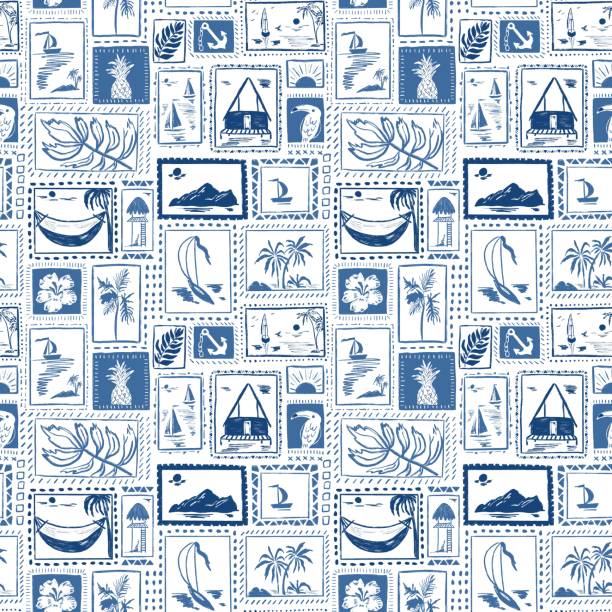 Blue tropical island seamless pattern. Sea, palm tree, cabin, yacht, boats in stamp, summer beach print Monochrome blue tropical island seamless pattern. Ocean, boats, tropical cabin, yachts, cute palm tree, hibiscus flower, parrot, pineapple. Summer beach repeat background, wallpaper, textile design. pineapple beach stock illustrations