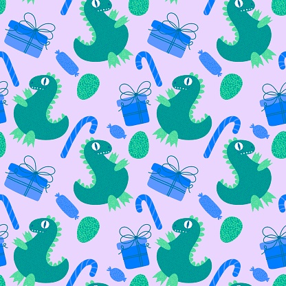 Kids seamless Christmas dragon pattern for fabrics and textiles and linens and gifts and new year