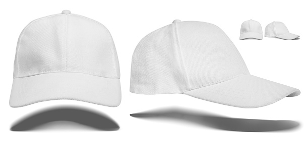 Two white caps on a white background. Front view of the hat and side view of the blazer. Headgear layout template. Clean realistic photo mockup with shadow. Hat with visor isolated on white background