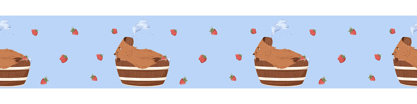Vector masking tapes with bathing capybaras and strawberries. Seamless border.  Washi tape design. Blue background.