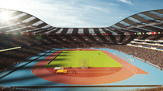 3D render of sunlit stadium filled with spectators, showcasing an athletic track and sports field. Day time open air game. Concept of sport, competition, live match, tournament