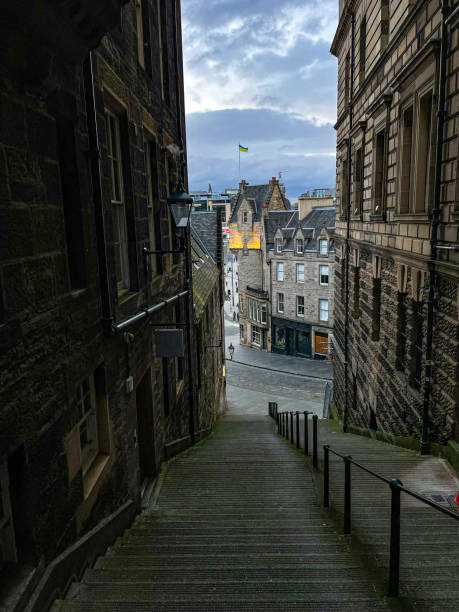 istock Looking down at Warristons Close Stairs which widen during the steep descent 2063159584