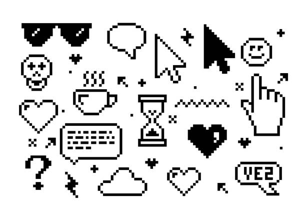 retro-pixel-smiley und -symbole, videospiele der 90er-jahre-ästhetik, 8-bit-retro-elemente, y2k-pixel-aufkleber, herz, index und cursor, vektor - pixel art stock-grafiken, -clipart, -cartoons und -symbole