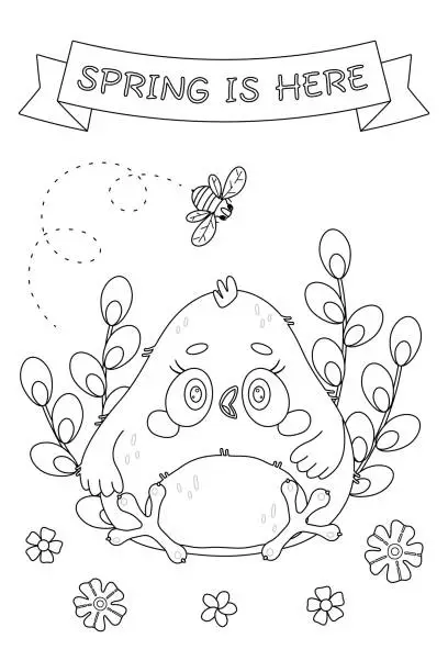 Vector illustration of Chicken Coloring Page cartoon little chick spring greeting card