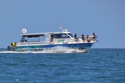 Guided sea lion tour operator boat returning to the harbor, Jurien Bay, Western Australia