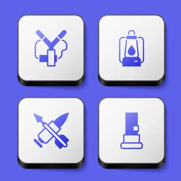 Vector illustration of Set Slingshot, Camping lantern, Crossed bullet with arrow and Cartridges icon. White square button. Vector