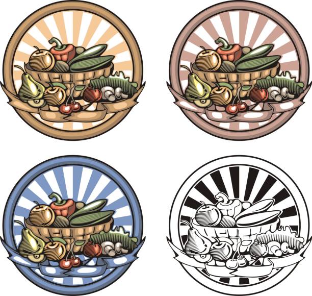 Original vector design by author, NOT AI generated. Set of vector illustrations of fruit and vegetables in a basket, retro woodcut style. Several colorful versions.