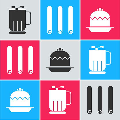 Set Hot chocolate cup with marshmallows, Three rolled sticks of cinnamon and Cake icon. Vector