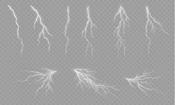 illustrations, cliparts, dessins animés et icônes de lightning. thunder storm realistic lightning. bright light effects. lightning bolt set magic and bright light effects. vector illustration - éclair