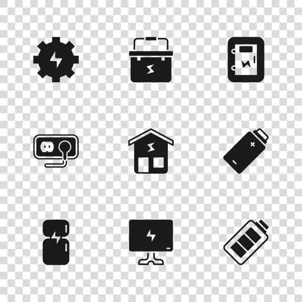 Vector illustration of Set Smart Tv, Battery charge, home, Electrical panel, Gear and lightning, Toolbox electrician and outlet icon. Vector